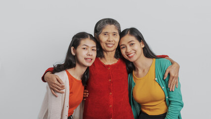 Mother's day, woman birthday anniversary, Senior elderly mature asian millennial grandmother with female daughter only women three people twin grand sister and young sister, real family person.
