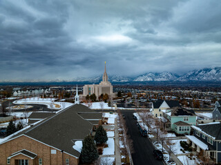 Oquirrh Mountain Utah Temple neighborhood in winter