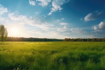 Fototapeta na wymiar The Art of Nature: Gorgeous Panoramic Landscape of a Sun-Kissed Green Field 9