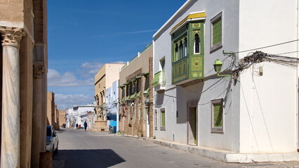 Buildings with balconies around the Great Mosque in Kairouan, Tunisia