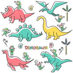 かわいい恐竜や翼竜や首長竜と子どもの探検隊セット