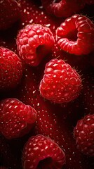 Fresh raspberries vertical background, adorned with glistening droplets of water. Top down view. Generative AI.