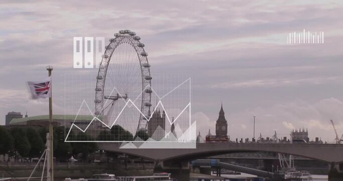 Animation of financial data processing with business icons over london cityscape