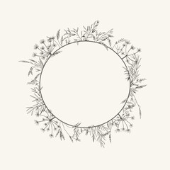 Wreath with meadow herbs. Round frame with dried plants. Black and white. Line art style. Vector illustration. Layout border for invitations card, postcards, logos, covers, labels.