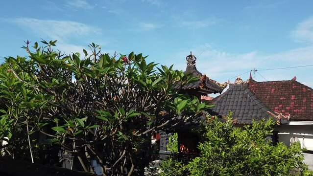 Balinese Traditional Garden Village, Trees and Houses Over Blue Sky Background