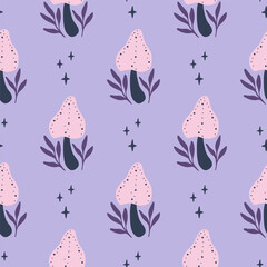 Stoffe zum Nähen Mystical vector seamless pattern with fantasy mushroom. Hand drawn magical fungi illustration. Fairy background. Whimsical print for fabric, wrapping, digital paper.