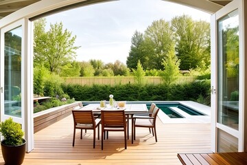 Fototapeta premium Trendy outdoor patio, cosy terrace with furniture, generative ai image