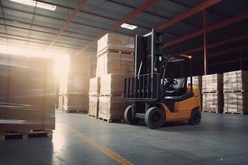 Forklift loads pallets and boxes in warehouse - ai