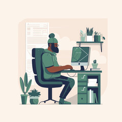 Man seated at his desk working on his computer. Created with generative Ai technology