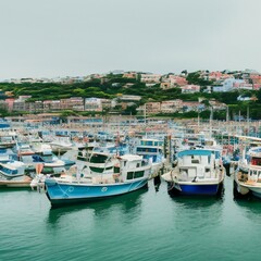 Obraz premium Boats in the Harbor of Island AI Generated