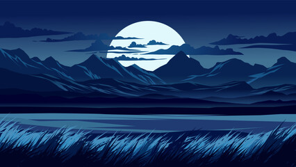 Vector night scenery illustration with mountain and moon