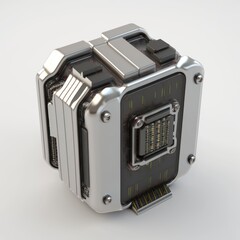 Fototapeta premium futuristic computer with a silver display stand, in the style of rendered in unreal engine, cube futurism, symmetrical harmony, rolleiflex original, generative ai
