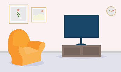 Cartoon living room interior, apartment living room with modern furniture sofa, armchair, plant and photo frame. living room interior with sofa