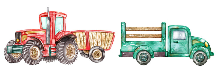 Fototapeta premium Tractor Watercolor Cliparts, Farm Nursery Decor, Cute Farm illustration, Watercolor illustration, Children Books, Clipart For Kids.