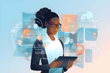 Flat vector illustration Black woman holding tablet computer, ERP overlay and diagrams, research and programming innovation of future applied technology. Future Web, Analytics and Developers for Start - obrazy, fototapety, plakaty