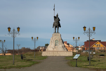 View of the monument to Bulgarian Emir Ibrahim I Ben Muhammad on the bank of the Kama River in the...
