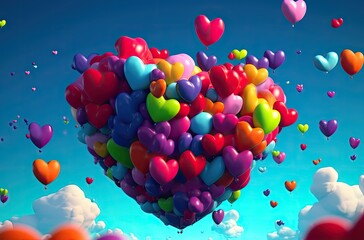 Colorful heart shape balloon with blue sky. Valentine's day background with heart shaped balloons. Generative Ai.