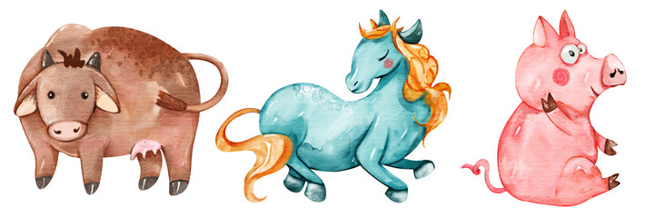 Watercolor Farm Animals: Horse, Pig, Cow Clipart, Watercolor Illustrations, Farm Elements Collection