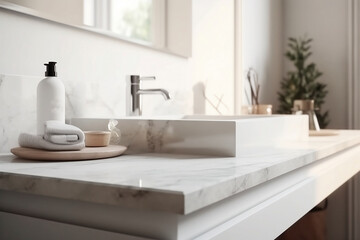 Obraz na płótnie Canvas White bathroom interior. Empty marble table top for product display with blurred bathroom interior background - ai