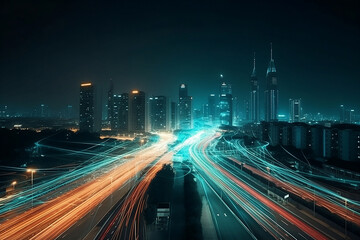 Fototapeta na wymiar Smart digital city with high speed light trail of cars of digital data transfer - ai