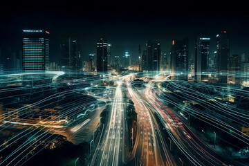 Smart digital city with high speed light trail of cars of digital data transfer - ai