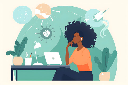 Flat vector illustration Black woman thinking and smiling at desk, relaxing with laptop, seeking content creation idea at digital marketing startup. Copywriter, happy woman and thoughtful lyric inspir