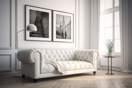 modern living room white sofa and blank photo frame bright white interior, Generative AI