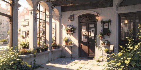 victorian cafe, coffee store front, maid cafe, village, old town street, generative ai, generative, ai