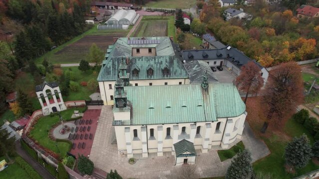 Aerial view of church of Visitation of the Blessed Virgin Mary in Żarki, Poland