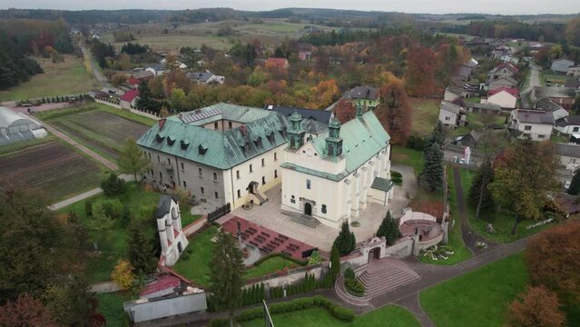Drone view of the Sanctuary of Visitation of the Blessed Virgin Mary in Żarki, Poland.