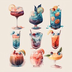 Refreshing summer cocktails in fancy glasses, garnished with fruit (generative ai)
