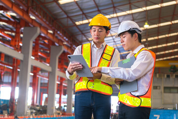 Professional industry engineer worker in a metal manufacture warehouse , maintenance service check for safety first concept .