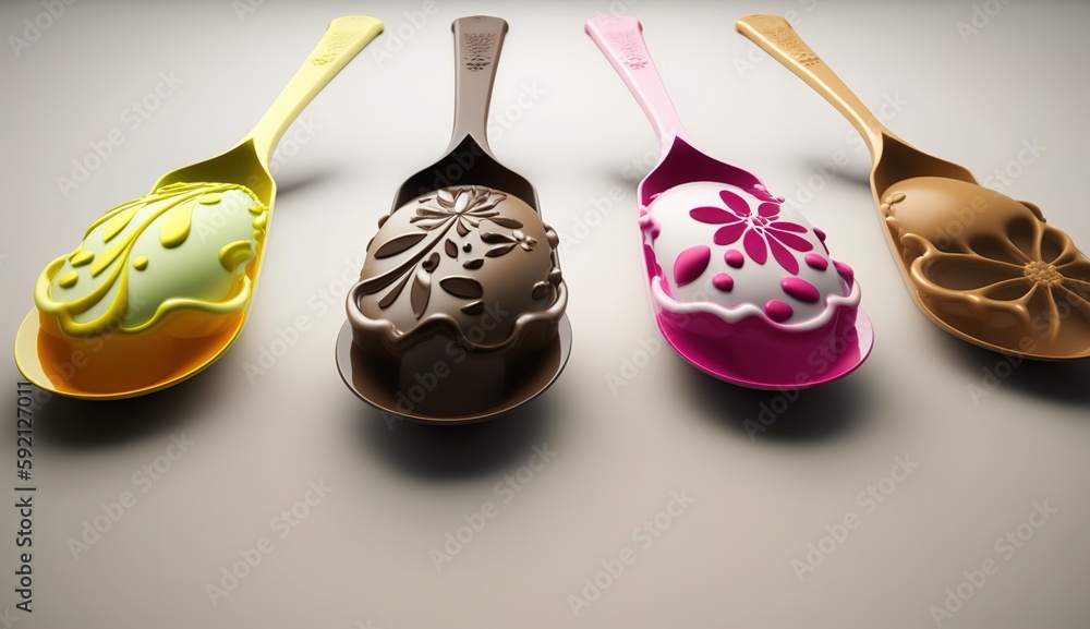Poster different shaped spoons and cocoa flavors. generative ai