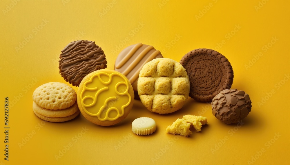 Poster yellow background with assorted biscuits generative ai