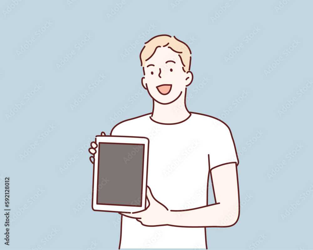 Wall mural man showing blank no-name tablet pc monitor. hand drawn style vector design illustrations.