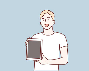 Man showing blank no-name tablet pc monitor. Hand drawn style vector design illustrations.
