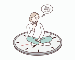Woman sitting on on a clock. Hand drawn style vector design illustrations.