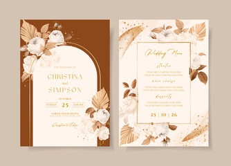 set of wedding invitation card template with dry rose flowers and leaves decoration © aestheticpixele