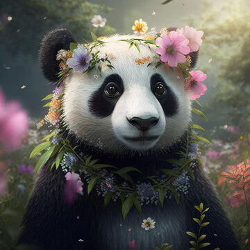 A cute giant panda with a wreath on its head