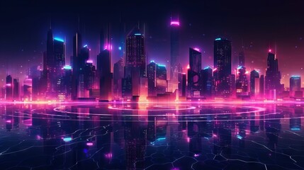 A digital illustration of a city at night with neon network connection, smart city concept. Generative AI. 