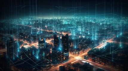 A digital illustration of a city at night with neon network connection, smart city concept. Generative AI. 