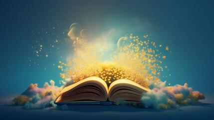 Book of Dreams Beyond Imagination Yellowish Blue Background. Generative AI.