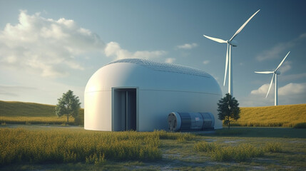 Obraz premium New energy sources, hydrogen power station with green grass field.Generative Ai.