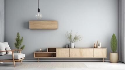 Interior mock up living room. cabinet for TV or place object in modern living room with lamp,table,flower and plant. AI Generative.