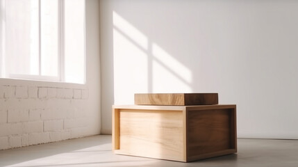 Fototapeta premium wooden top podium design blocks, cylindrical plinths, concept scenes, stage performances, products, creams, perfumes, with space for text. Modern surreal elements. Generative Ai.
