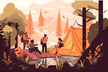 Flat vector illustration Close to nature, close to friends. Cropped shot of group of teenagers having fun at summer camp.