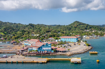 Roatan, Honduras - March 30, 2023: Cruise port facilities at Roatan, Honduras.