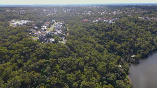 Aerial drone view of Barden Ridge in the Sutherland Shire, Sydney NSW showing Woronora River on a sunny day  