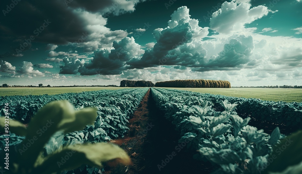 Poster daytime vertical view of a verdant landscape bathed in sunshine and framed by clouds generative ai