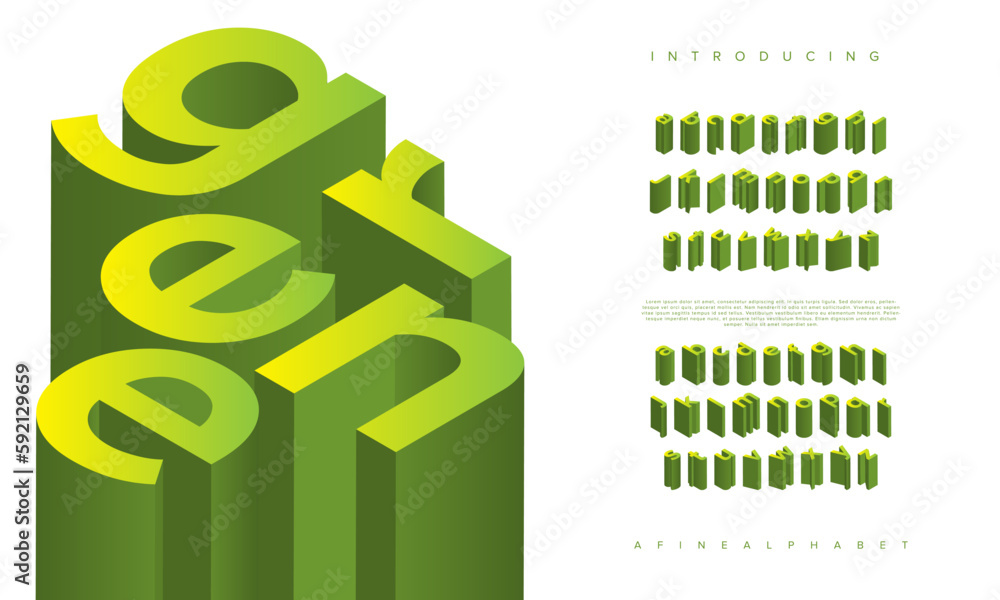 Aufkleber green isometric font display typeface. typography a to z minimal design. vector illustration of word